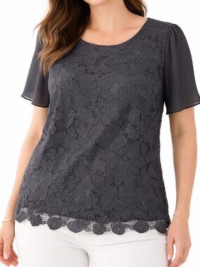 Ann Taylor Dark Gray Butterfly Lace Blouse Size L Sheer Sleeves